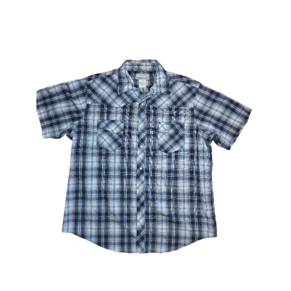 Wrangler Wrancher Mens XL Blue Plaid Pearl Snap Short Sleeve Western Shirt